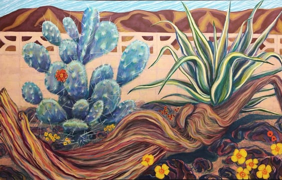 Acrylic Painting of Prickly Pear Cactus, Agave and Cottonwood Branch in a Garden in California