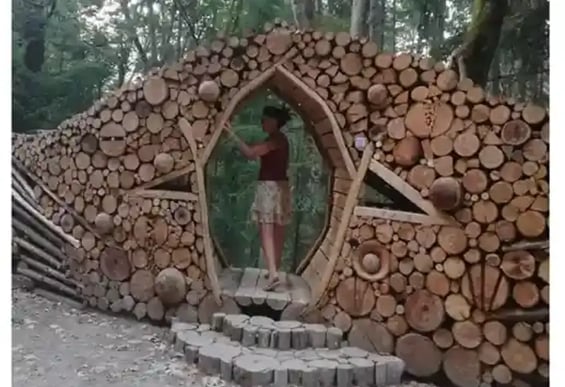 Femma debout faisant l'expérience dêtre dans 1 trou en losange au milieu d'1 tas de bois