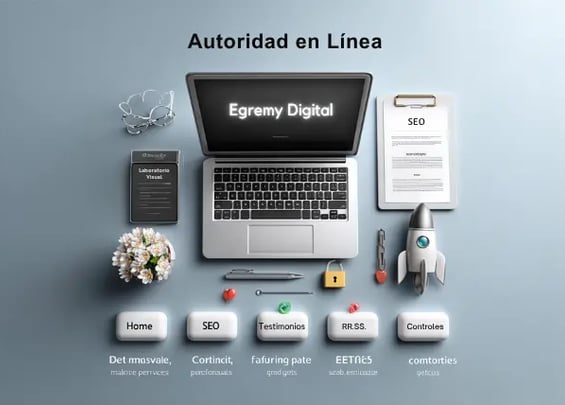 Vista cenital de escritorio minimalista con portátil “Egremy Digital”, clipboard de SEO, cohete y botones Home-SEO-Testimonio