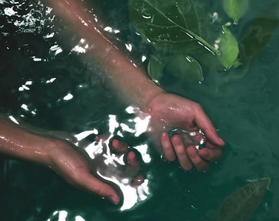 Mains plongées dans l’eau illustrant la réception subtile d’un soin énergétique à distance
