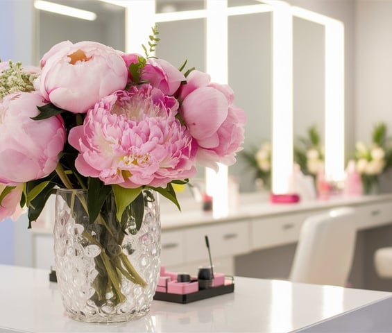 a vase with pink flowers in a vase on a table