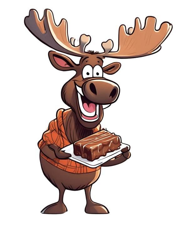 A cartoon moose holding fudge.