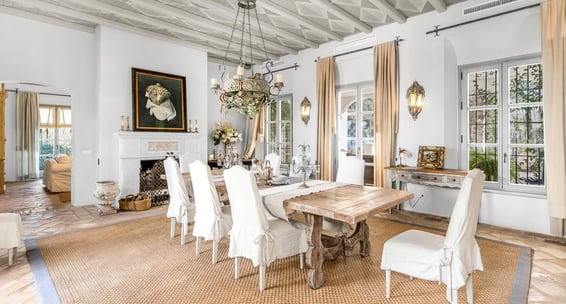 Dining room at Finca Santa Katerina with traditional furniture and chandelier