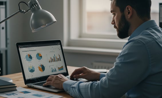 man seated at desk looking at a dashboard on laptop screen