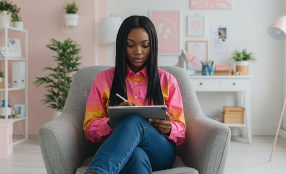 Women sitting at chair writing on tablet