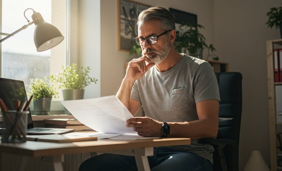 man sitting at desk reading reading a report