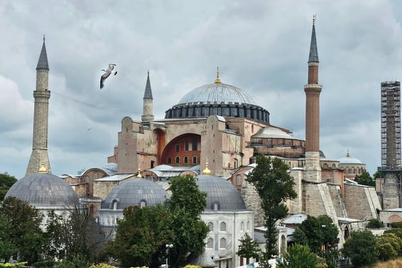 Hagia Sophia Grand Mosque, Istanbul. This image features its exterior, dome, minarets, and nearby historical sites