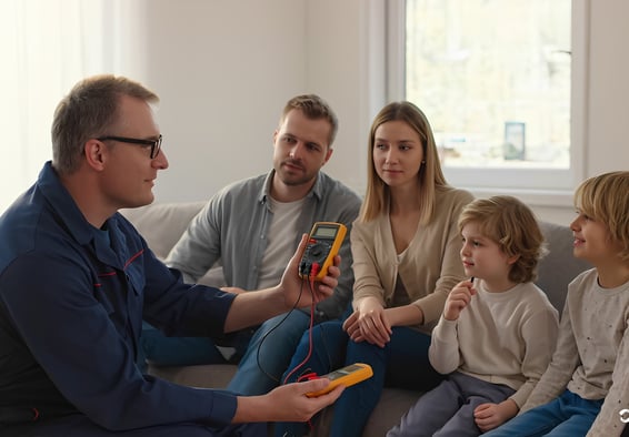 Szakértő villanyszerelő konzultál egy családdal otthonukban