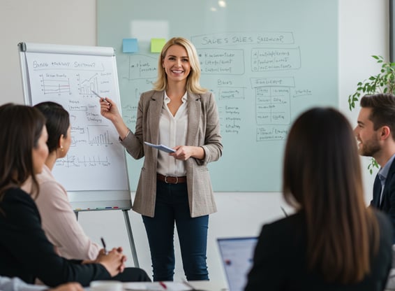 sales leader standing in front of team and pointing to a flip chart