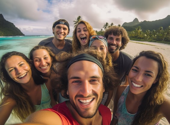 a group of people standing around a beach