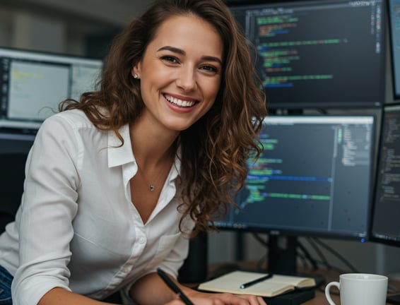 Woman sitting in front of computer screens
