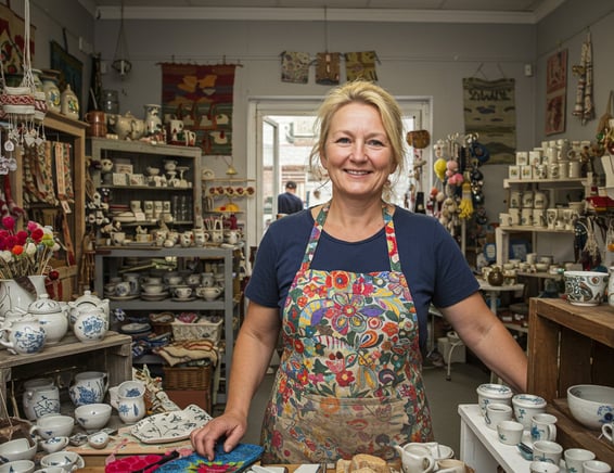 shopkeeper standing at a display of tea cups in a tea shop