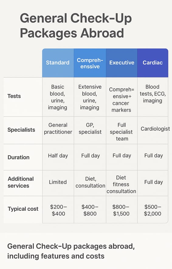 Comparison chart of general check-up packages abroad, including features and costs