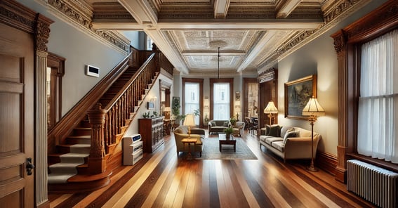 Interior of a renovated historic home with restored hardwood floors, ornate moldings, and modern fea