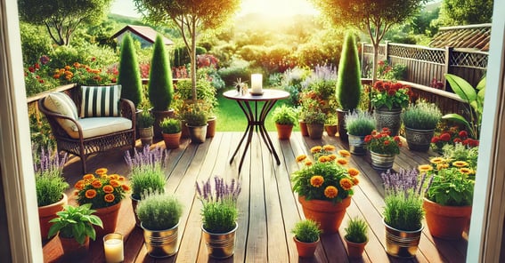 Deck surrounded by mosquito-repelling plants like lavender and basil.
