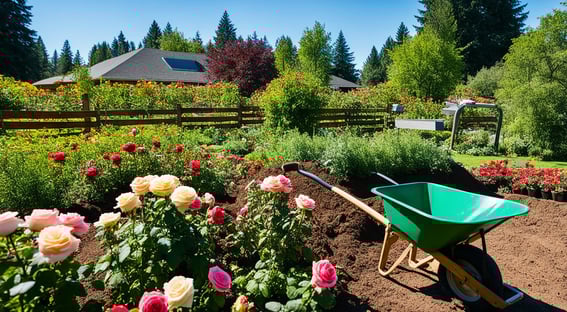 t iA rose garden surrounded by lush greenery and blooming flowers