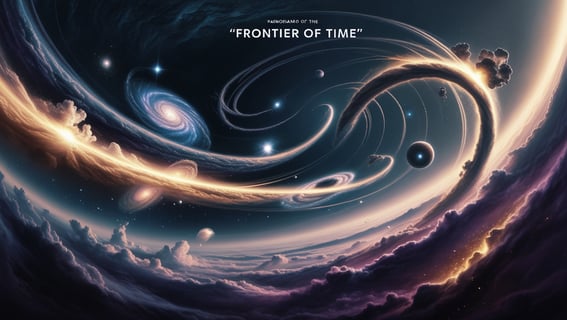 Cosmic illustration of 'Time Frontier' with galaxies and golden energy spirals.