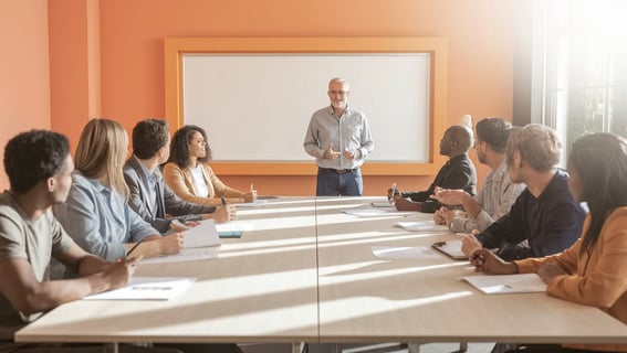 a man in a suit and tie is standing in front of a boardroom table