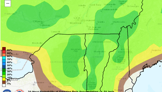 Sample WPC freezing rain interactive map showing percent chance of accumulation of ice. For WeatherSources Winter prob page.