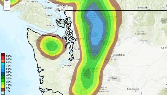 Sample NOAA WPC 3-day snow/sleet percent probability map zoomed into Northwest Washington state region. Sample only.