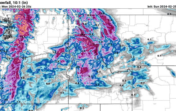 PivotalWeather screenshot of sample HRRR model snow totals that links to their site. 