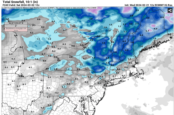 PivotalWeather screenshot of sample Euro model snow totals that links to their site. 