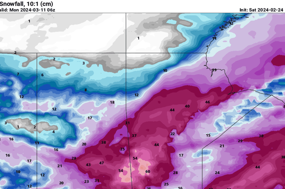 PivotalWeather screenshot of sample GFS model snow totals that links to their site. 