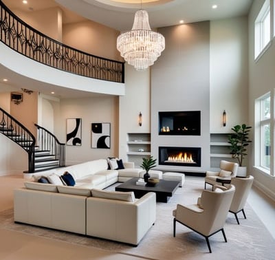 a living room with a large chandelier and a chandelier