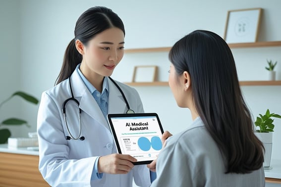 A doctor reviewing AI-generated diagnostics on a tablet while speaking to a patient in a clinic 