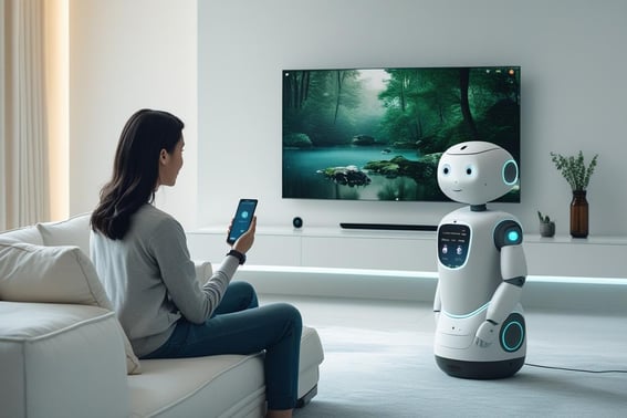 A cozy smart home scene: ambient lighting, a voice assistant speaker glowing, TV Screen