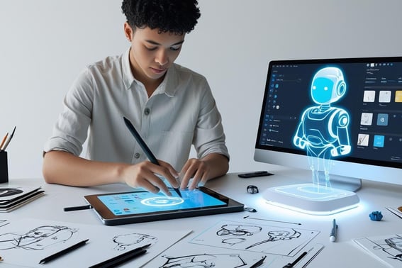 Creative individual using a laptop or tablet surrounded by sketches, digital tools, and an AI Agent