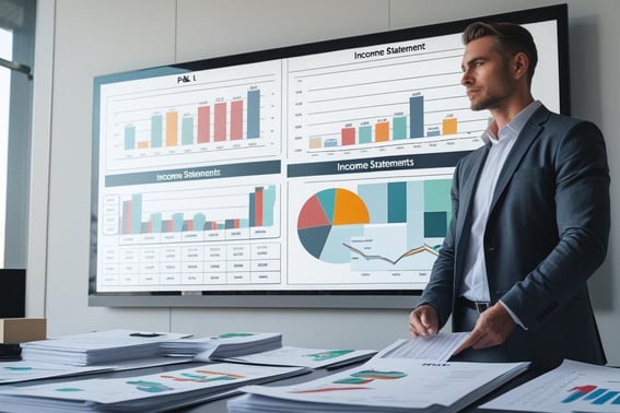 Entrepreneur reviewing charts on a large screen on wall, with P&L and income statements on desk