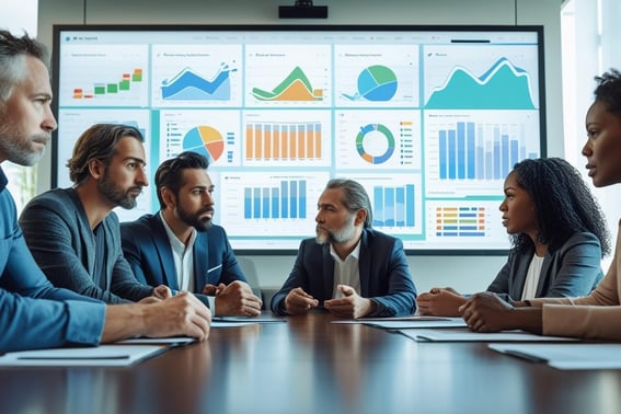 Founder reviewing key metrics on a dashboard, decision-making mood, charts in boardroom