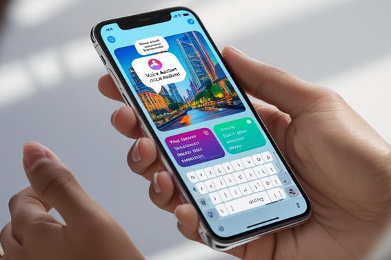 Hand holding a smartphone showing multiple AI features: voice assistant, smart camera