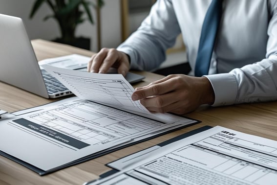 Professional reviewing tax forms with laptop and legal documents, calm and organized workspace