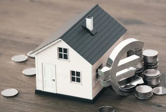 Petite maison à côté d'un gros sigle euros et entourée de pièces de monnaie