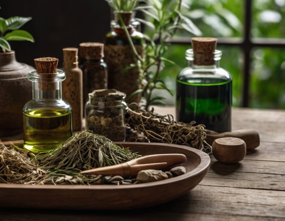 a wooden bowl with a bottle of essential oils