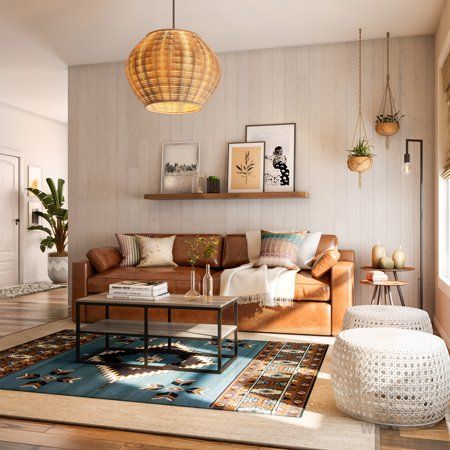 a living room with a couch and a rug