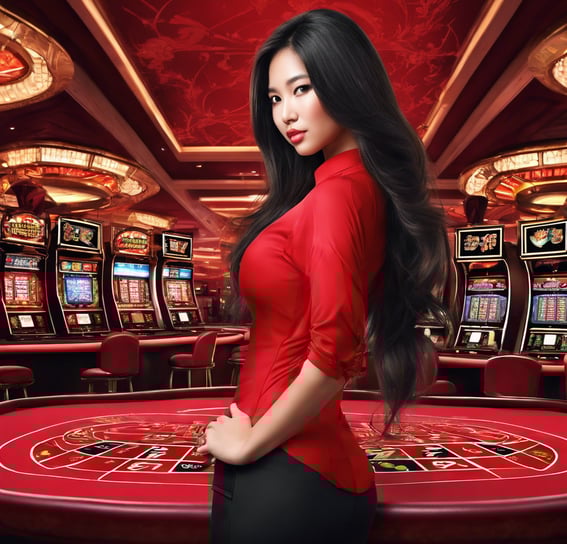 a woman in a red dress standing in front of a casino table