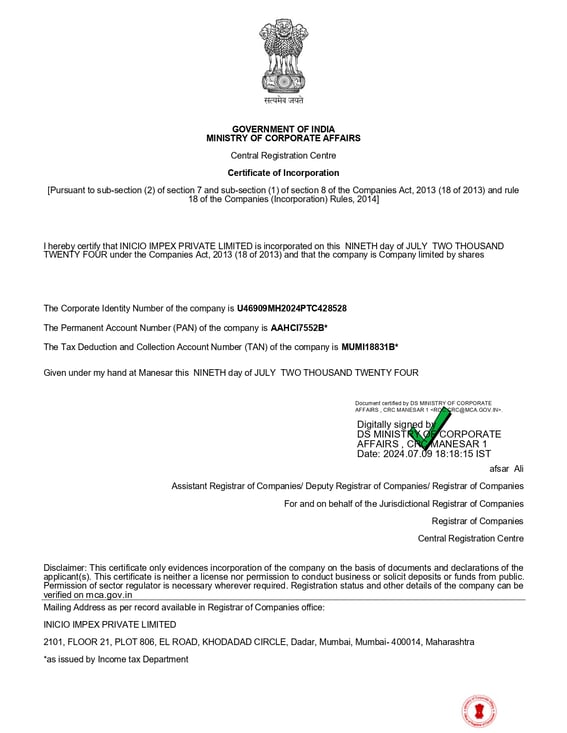 COMPANY INCORPORATION INICIO IMPEX