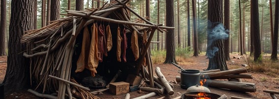 a rustic campsite featuring a primitive smokehouse