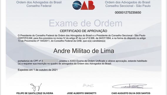 Certificado de Aprovação no Exame Nacional da Ordem dos Advogados do Brasil