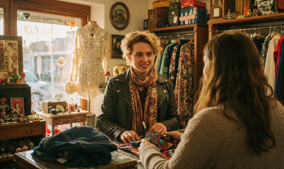 customer at clothing store counter looking at shopkeeper