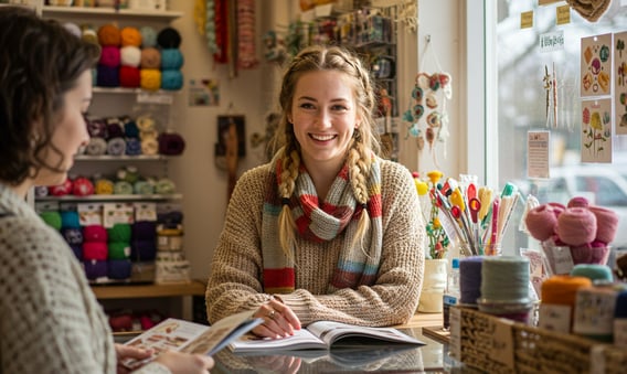 shopkeeper behind counter of yarn supply store