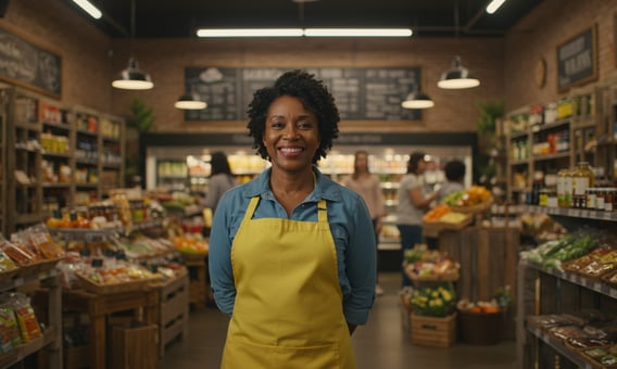 woman standing in front of her health food store