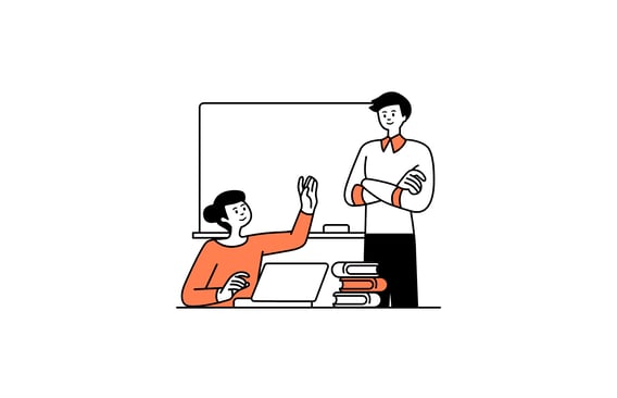 an illustration of a man and woman sitting at a desk with a laptop