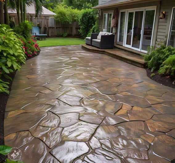 Beautiful stamped concrete patio with railing design in Los Angeles.