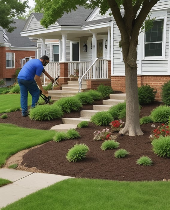 Two workers are engaged in landscaping activities in front of a modern building. The scene is sunny and features several palm trees and well-maintained greenery. A pile of soil is present, and a white van is parked nearby.