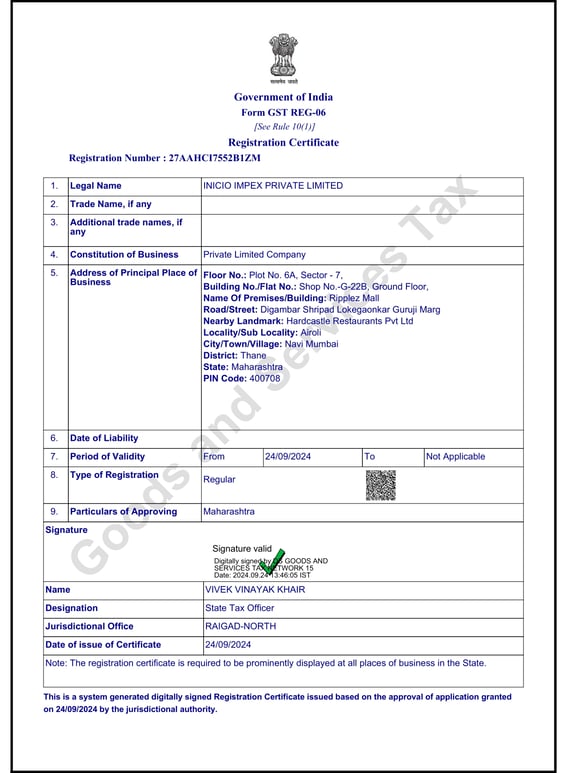 GST Registration Certificate Inicio Impex
