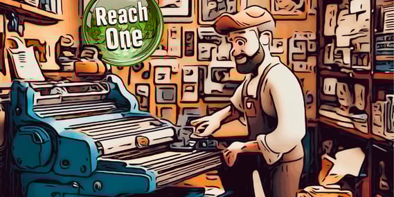Cartoon character busily at work at a print-on-demand print shop.